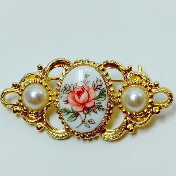 Vintage Rose Cameo Bar Brooch Pin Faux Pearl Gold tone Victorian Style - Picture 1 of 5